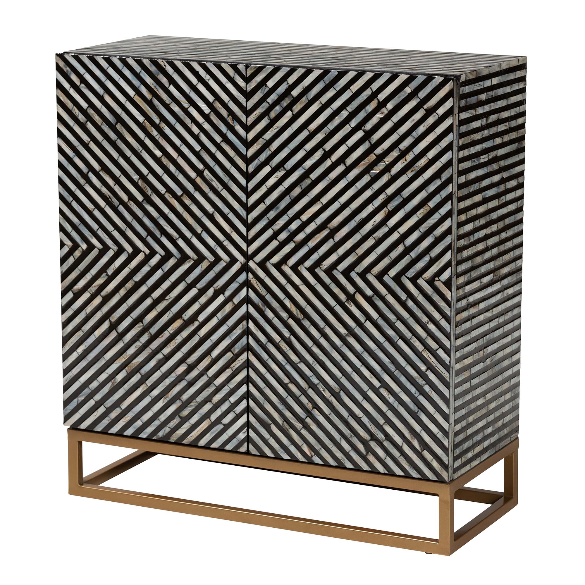 Baxton Studio Belenus Modern Bohemian Two-Tone Black and Grey Mother of Pearl and Gold Metal Storage Cabinet
